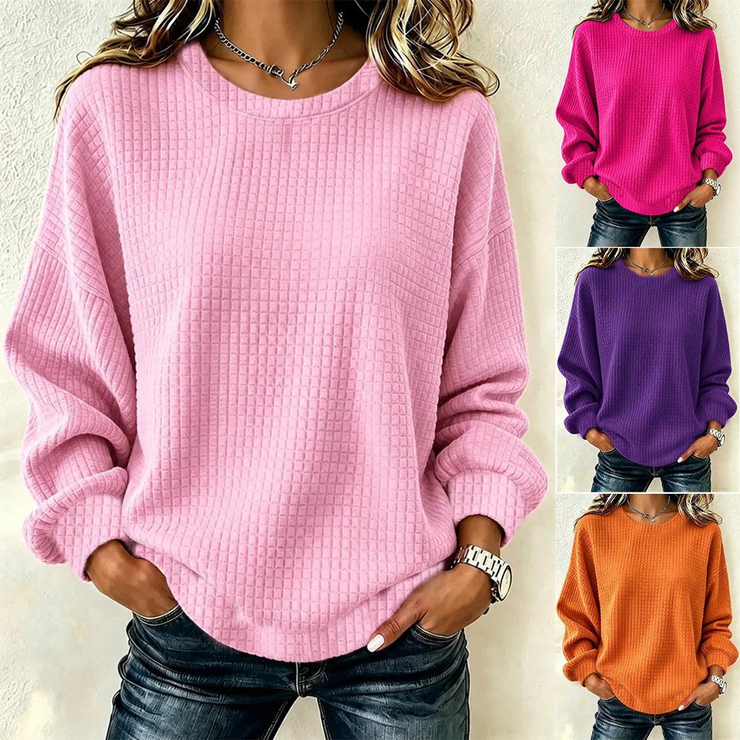 2026 Independent Brand European and American Fashion Waffle Pattern Women's New Loose Casual Autumn Winter Long Sleeve Round Neck Sweatshirt