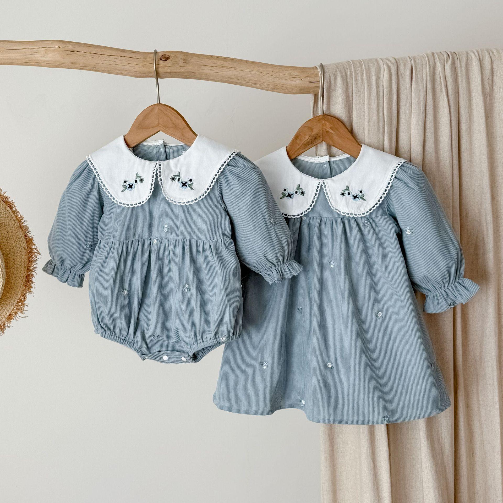 Korean Style Girls' Dress for Spring and Autumn with Embroidered Collar, Long Sleeves, Baby Romper, Cute Dress for Baby Girls