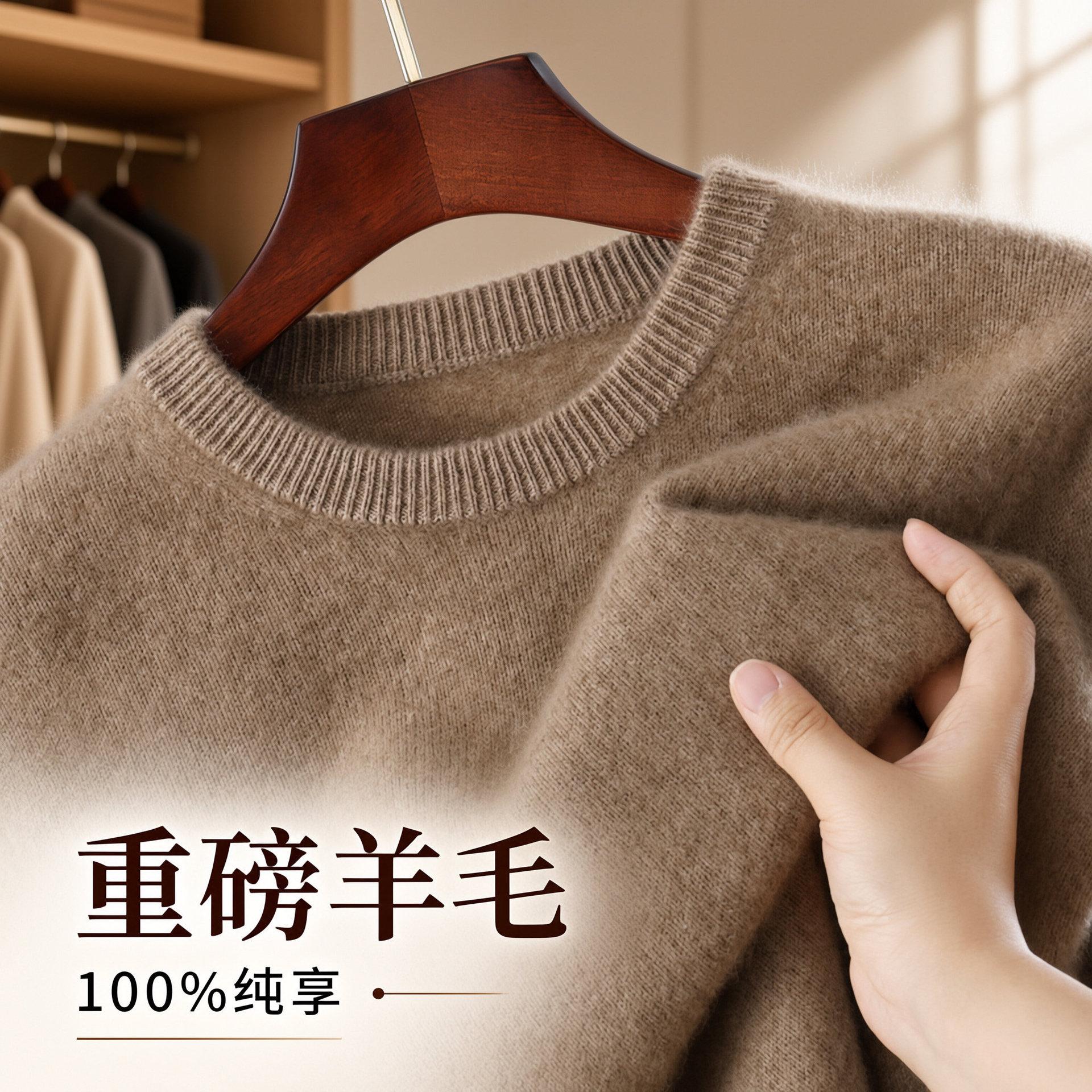 100% Wool Men's Round Neck Woolen Knitwear Youth Thickeneded Loose Casual Long-Sleeved Knitwear Bottoming Knitwear Top