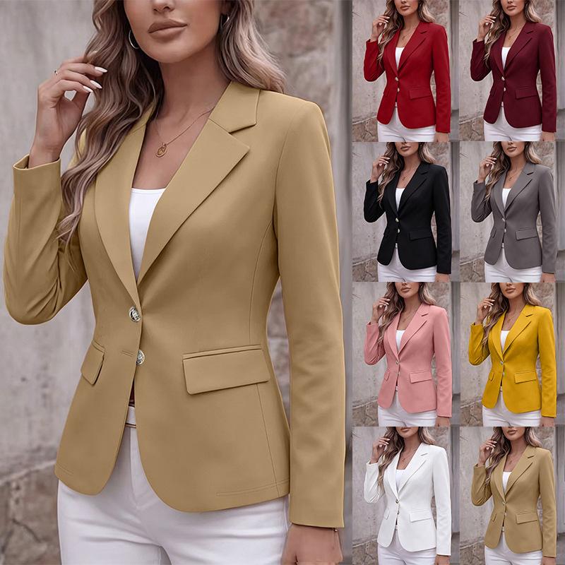 Cross-Border Autumn New European and American Women's Fashion Slim-Fit Waist-Cinching Blazer Solid Color Two-Button Long-Sleeve Suit Jacket