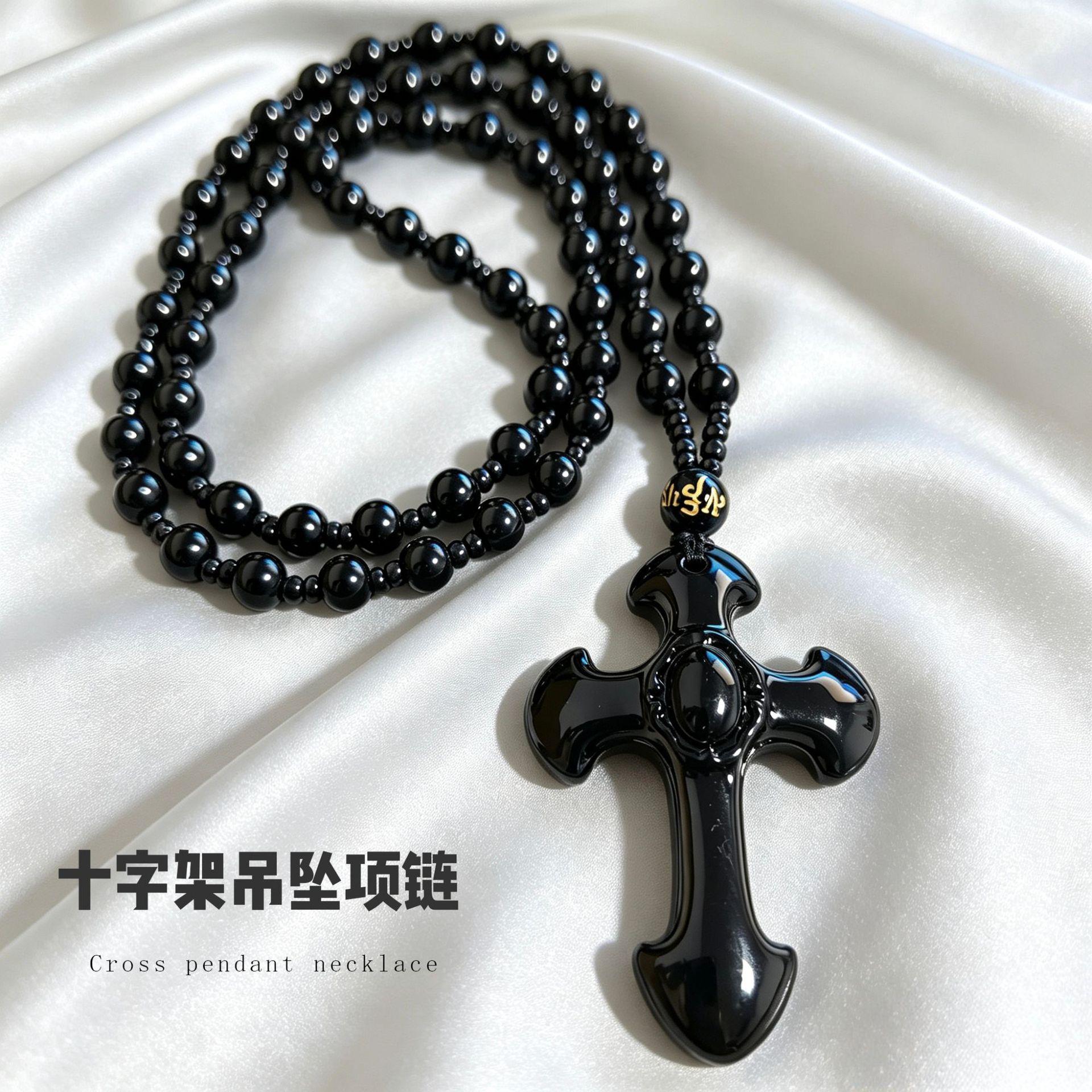 Obsidian Cross Necklace Jade Pendant for Men and Women, Couple's Accessory, Long Sweater Chain, Cross-Border Supply