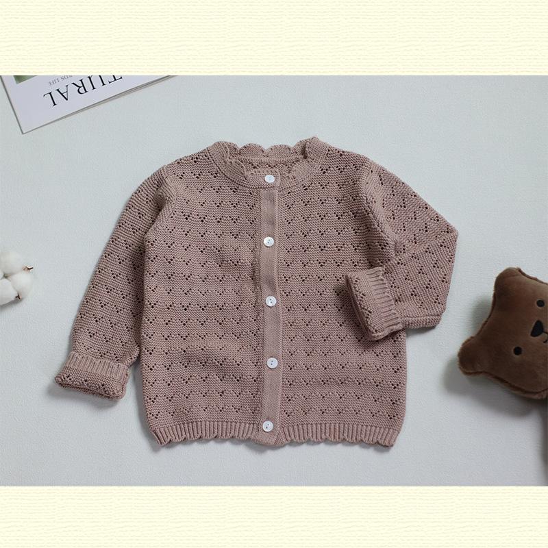 Baby Sweater Cotton Class A Natural Shell Buckle Simple All-match Comfortable Hollow Knitted Cardigan Spring and Autumn New