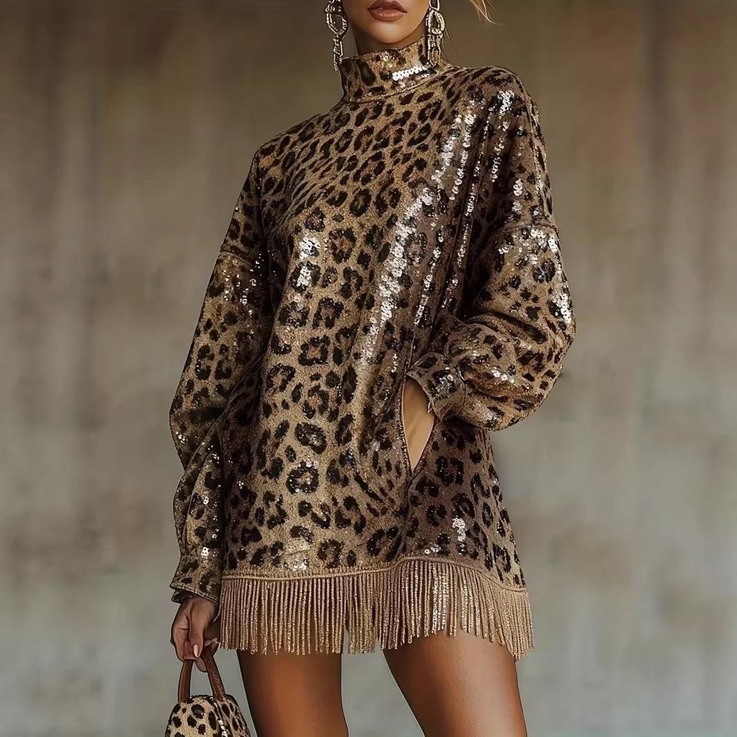 2025 Autumn/Winter European and American Cross-Border Fashion Metallic Brown Sequin High-Neck Long-Sleeve Tassel Design Short Dress Leopard Print