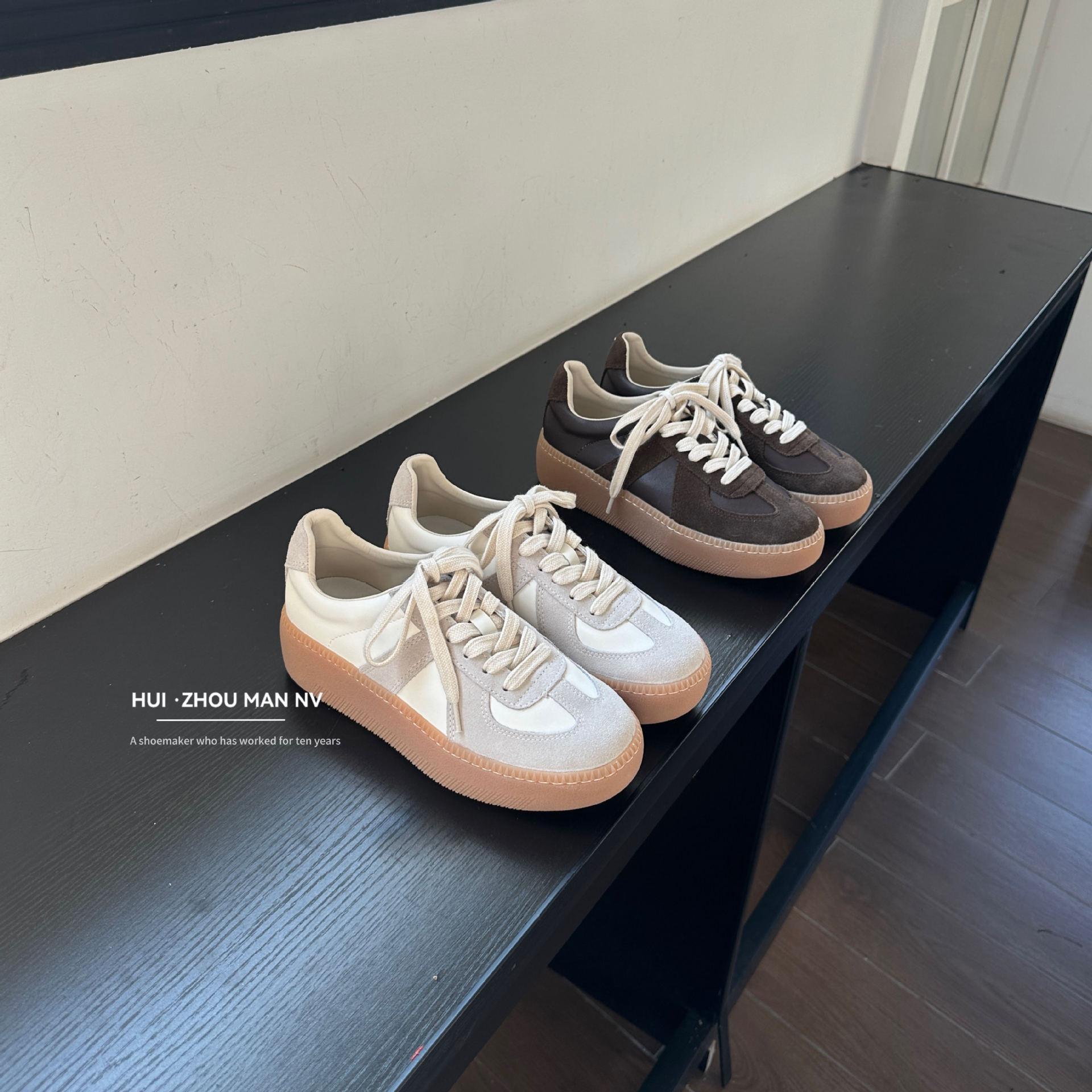 Genuine Leather Retro Thick-Soled German Training Shoes for Women 2026 New Versatile Lace-Up Casual Sneakers Flat-Soled Forrest Gump Shoes Sneakers