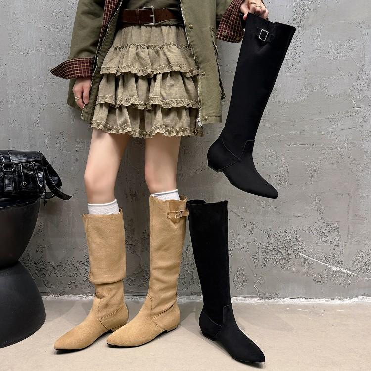 Pointed Toe Stacked Boots for Women, New Large Size, Wide Shaft Long Boots for Plus Size Women, Thick Leg Riding Boots, Western Cowboy Boots, Size 41