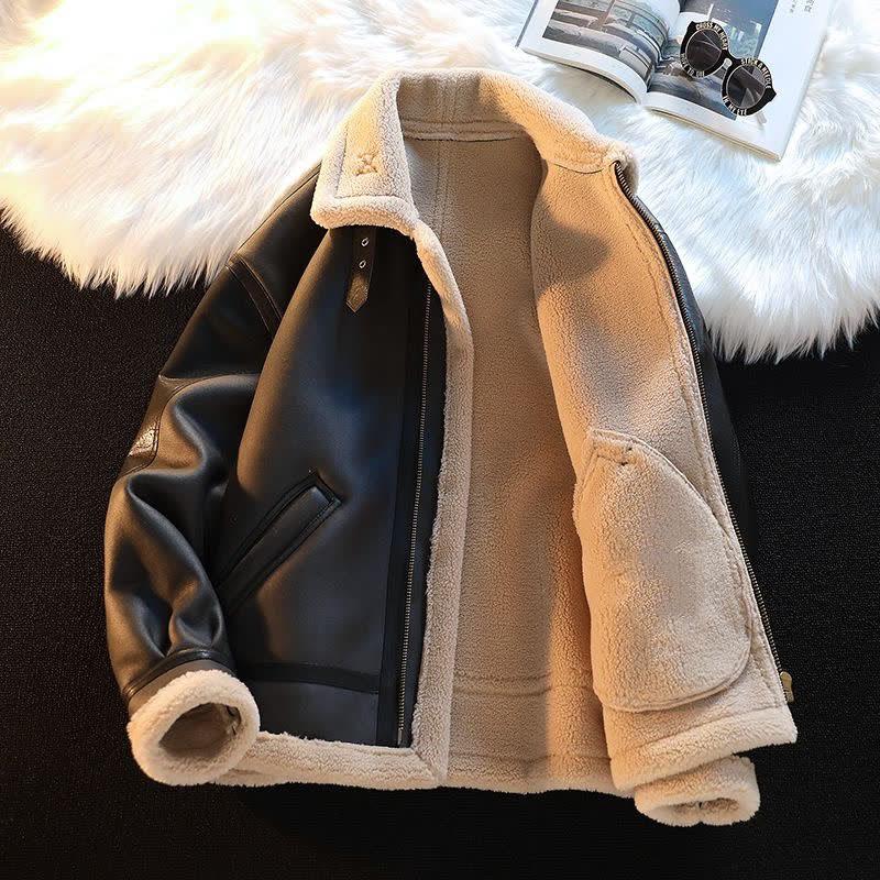 Men's Winter Loose Trendy Brand Fleece-Lined Thick Cotton Jacket with Fur Collar, Lamb Wool Suede Coat
