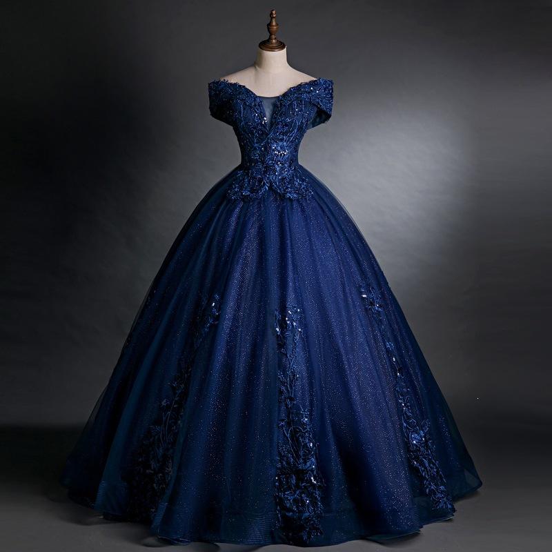 Evening Dress with Puffy Skirt and Colorful Tulle, One-Shoulder Design, Navy Blue, Suitable for Ballroom Performances, Available on Amazon for Cross-Border European and American Markets