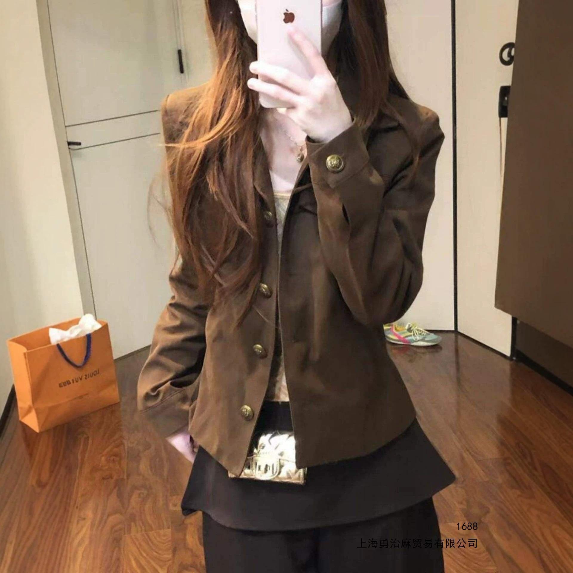 Brown collared work jacket for women, new early autumn style, short and elegant American-style jacket with a cinched waist