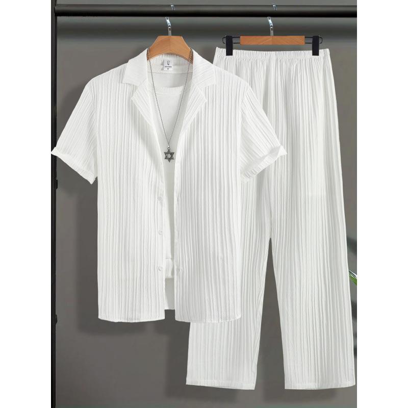 Conjuess Men's Suit Set Summer Thin Short-Sleeved Shirt Casual Pants Two-Piece Set Light Luxury and High-End Feel