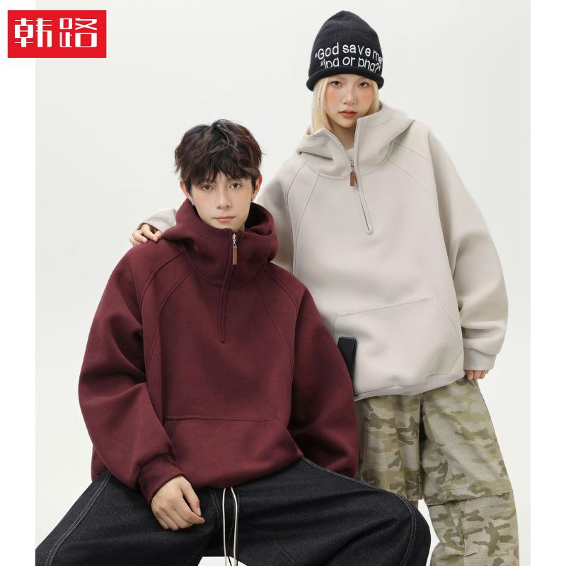 Heavyweight American-Style Half-Zip Hooded Sweatshirt for Men and Women, Autumn and Winter, Three-Dimensional Cut, Half-High Collar, Solid Color, Couple's Hoodie Jacket