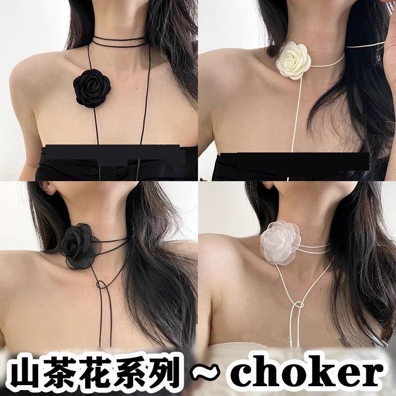 Black and White Flower Necklace Chain Rose Choker Neck Necklace Necklace Women's Neck Collar Camellia Flower Clavicle Chain