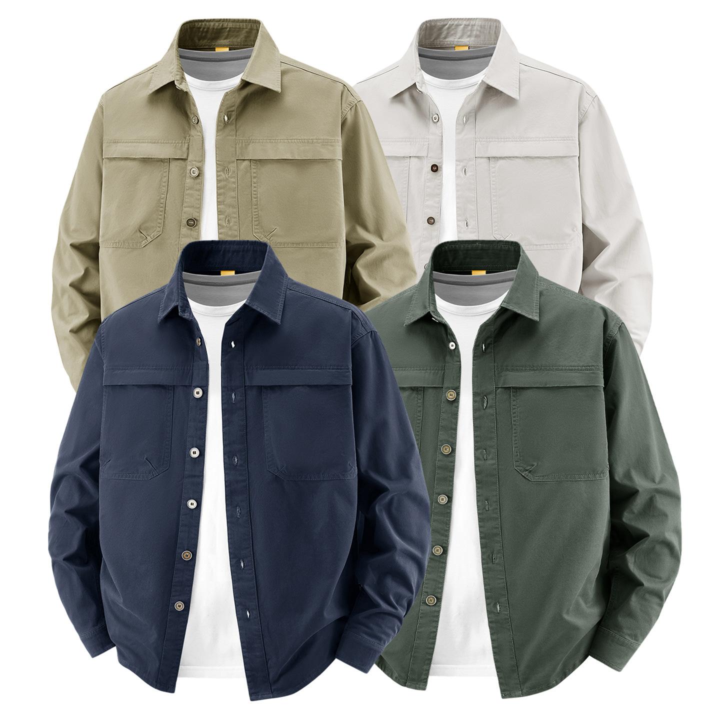 Spring and Autumn New Men's Workwear Jacket Pure Cotton Washed Lapel Long-Sleeved Coat Loose Versatile Casual Shirt 2605