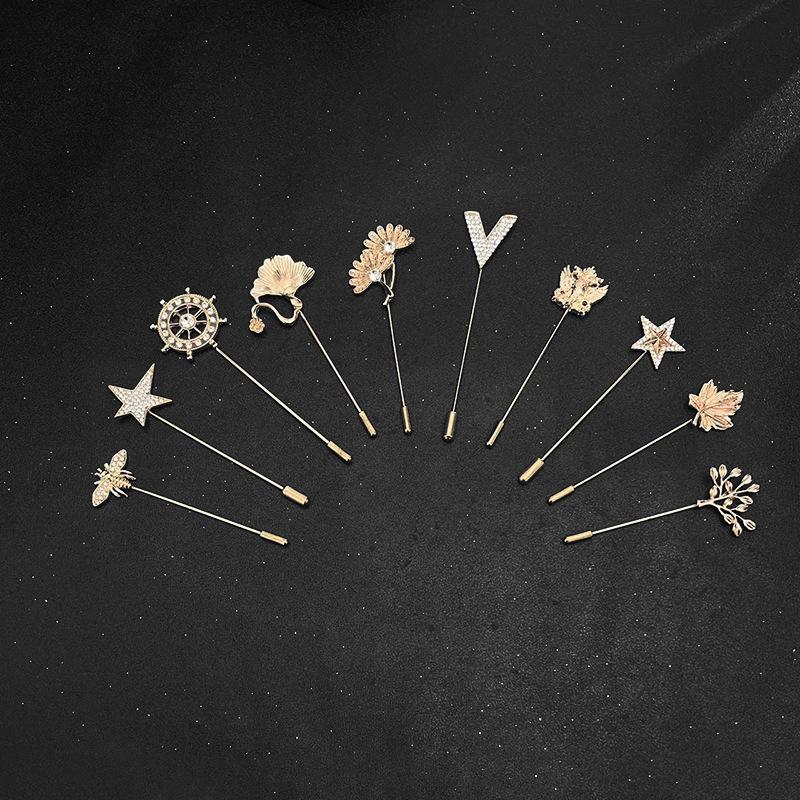 Simple Personality Diamond Leaf five-star brooch men's one-word pin anchor corsage suit accessories Korean pin