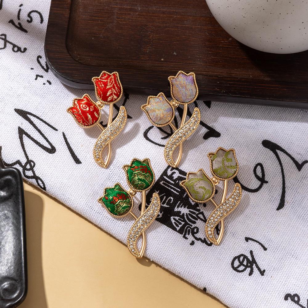 Song Jin New DIY Tulip Double-Sided Matte Gold Brooch with Alloy Base and Patchwork Handmade Pin, Plain Base, Ready for Customization