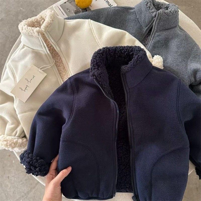 2026 Boys' Lambswool Jacket Winter Children's Fleece-lined Jacket Solid Color Outerwear Baby Korean Style Warm Top