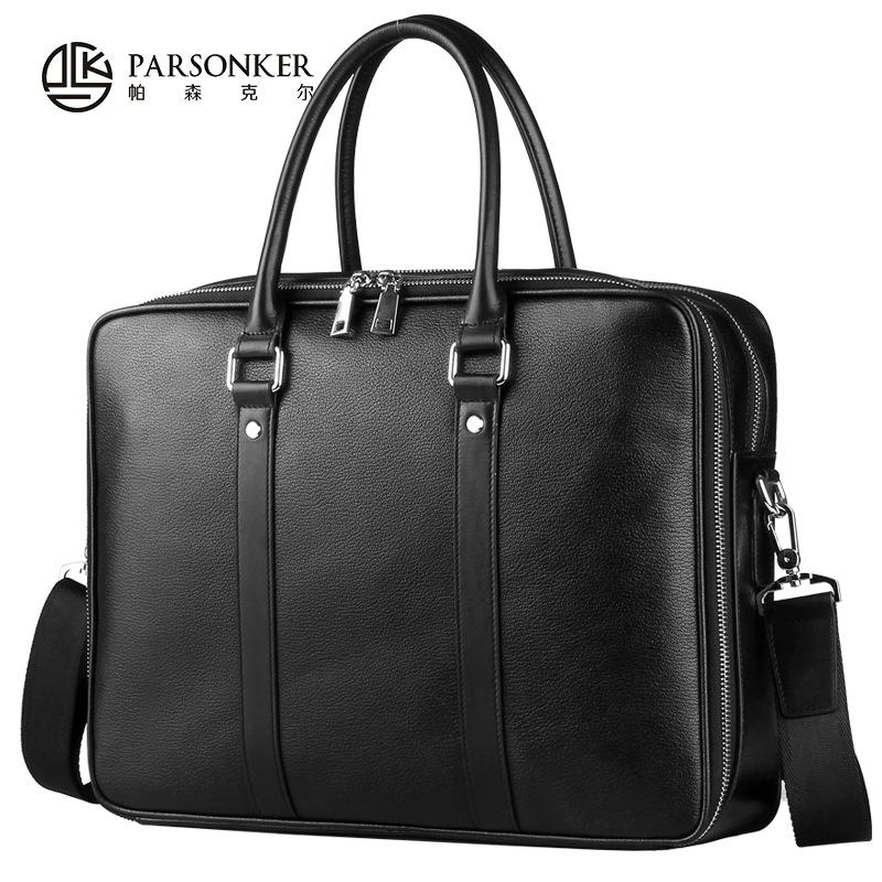 Men's Genuine Leather Handbag Double Zipper Cowhide Fashion Bag Business Top Layer Cowhide Briefcase Bag Shoulder Crossbody Bag