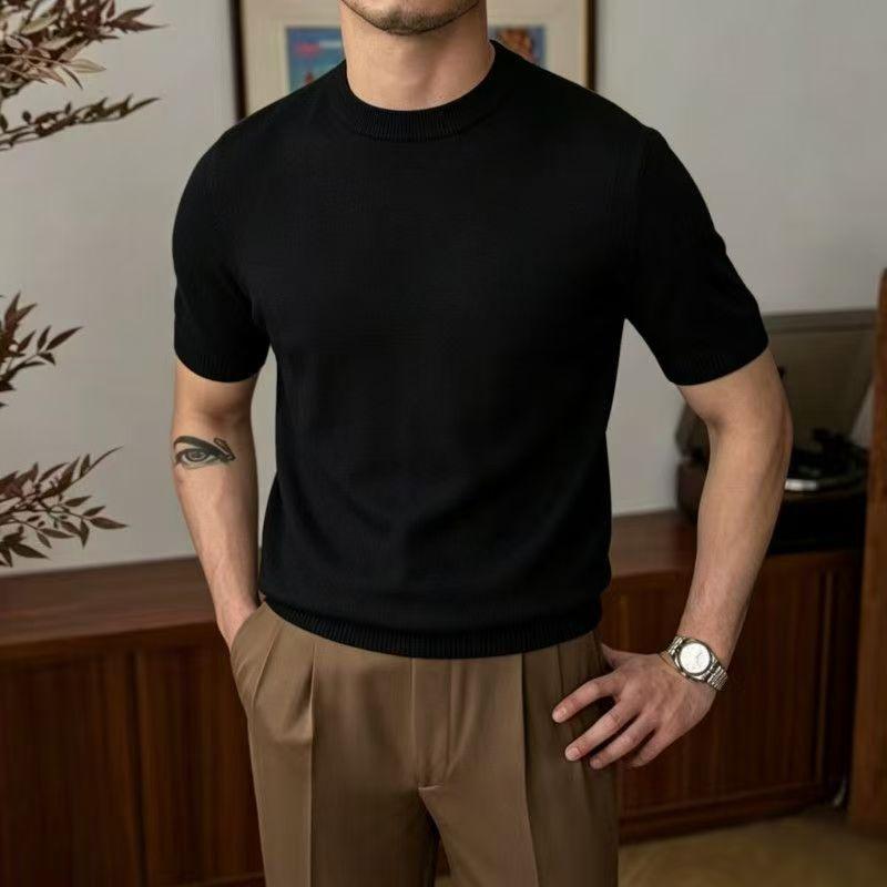 Popular Men's Solid Color Slim-Fit Sweater, Round Neck, Casual Versatile New Couple's Knit Top, Short-Sleeve Knitwear