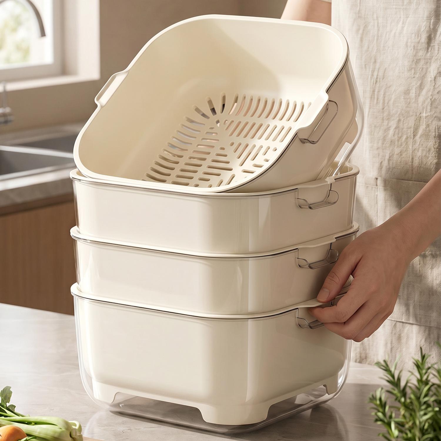 Double-layer draining basket, kitchen vegetable washing basin, multifunctional fruit tray, storage and preservation box, thickened plastic vegetable washing basket