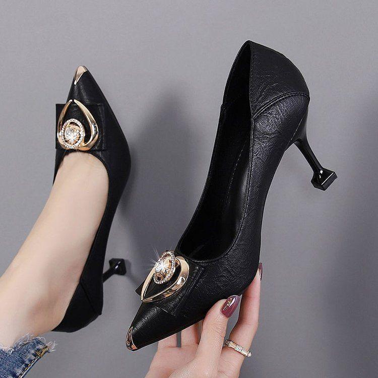 2026 Spring and Autumn New French Style High Heels for Women, Thin Heel Pointed Toe Work Shoes, Non-Slip Shallow Mouth Two-Way Wear Rhinestone Single Shoes for Women
