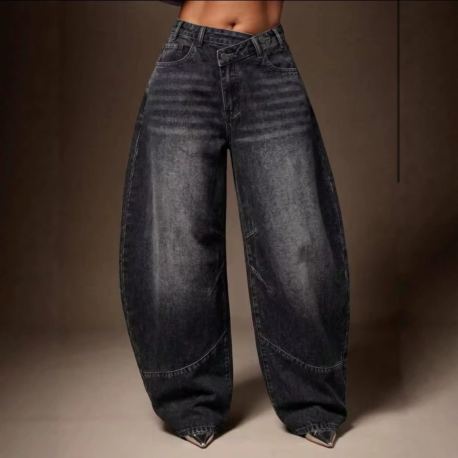 Black and gray gradient vertical striped jeans for women, featuring a slanted waist design, high waist, loose fit, curved wide legs, and an American retro style