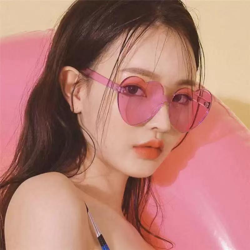 Heart-Shaped Street Style Sunglasses, Jelly Color Frameless Heart-Shaped One-Piece Sunglasses, Dance Party Promotional Gift Glasses