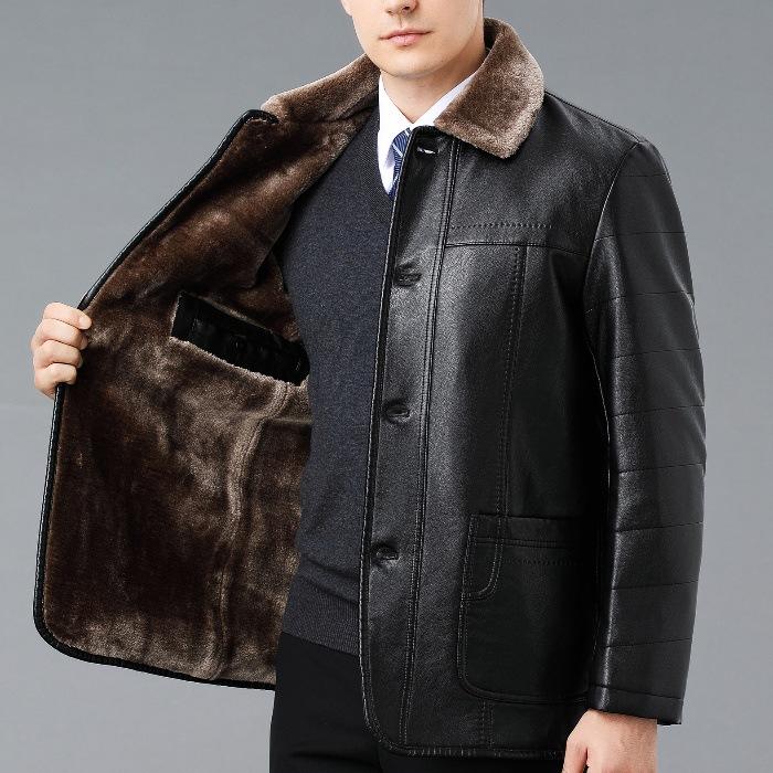 Winter Fleece-Lined Thick Genuine Leather Jacket for Men, Casual Leather and Fur Integrated Button-Up Jacket for Middle-Aged and Elderly Men