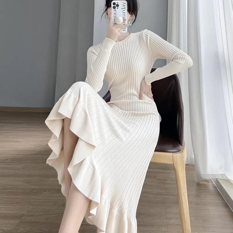 Early autumn fishtail knitted dress women's over-the-knee mid-length bottoming inner wear slim winter sweater dress with Overcoat
