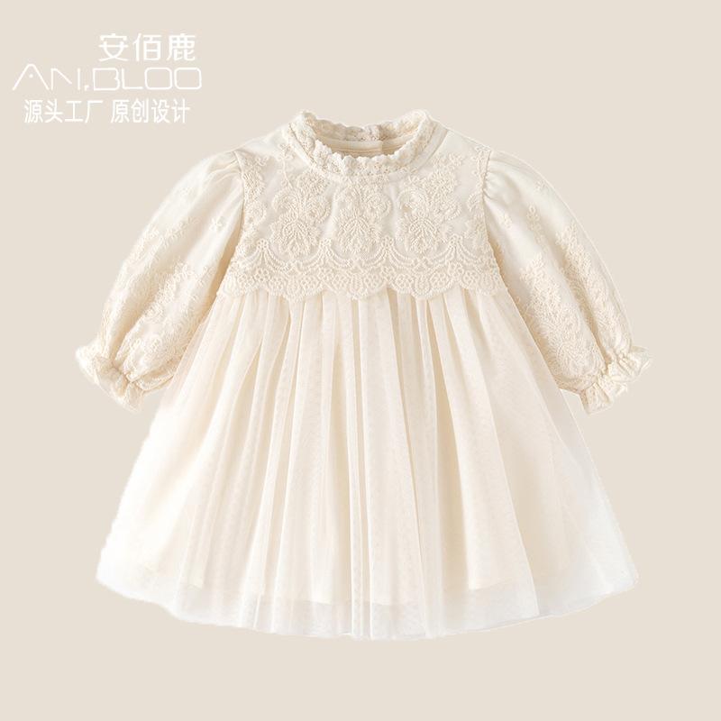 Spring and Autumn Baby Girl Lace One-Year-Old French-Style Dress Birthday Full Moon Stylish Soft Tulle Long-Sleeve Princess Dress Infant Dress