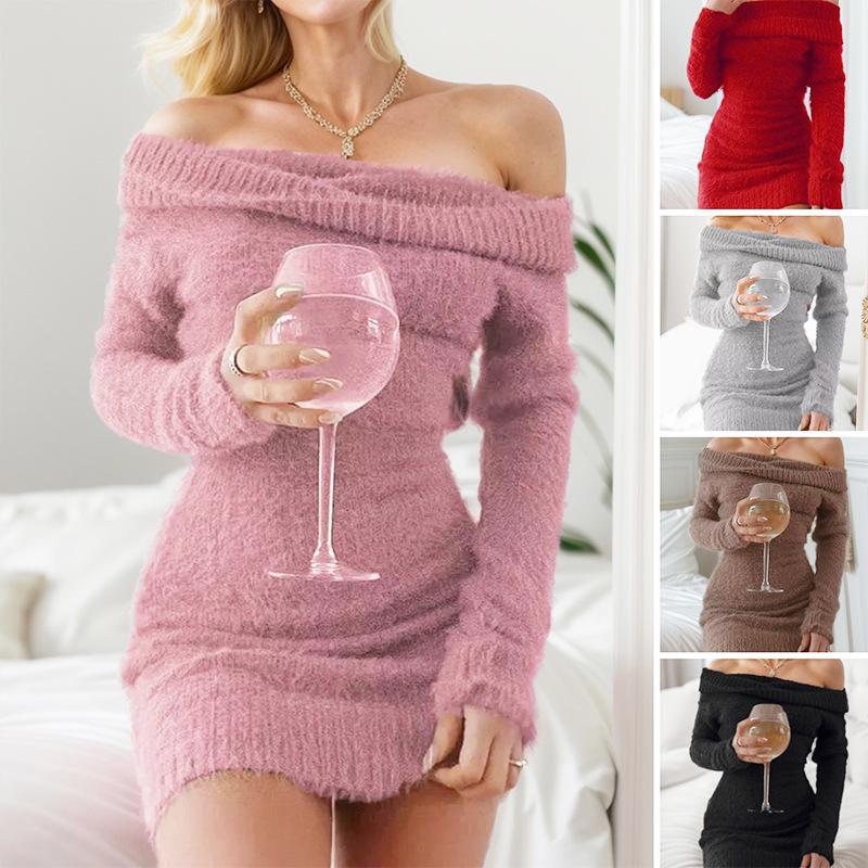 Cross-border Amazon popular off-shoulder dress sexy sheath dress off-shoulder long sleeve off-shoulder hip skirt