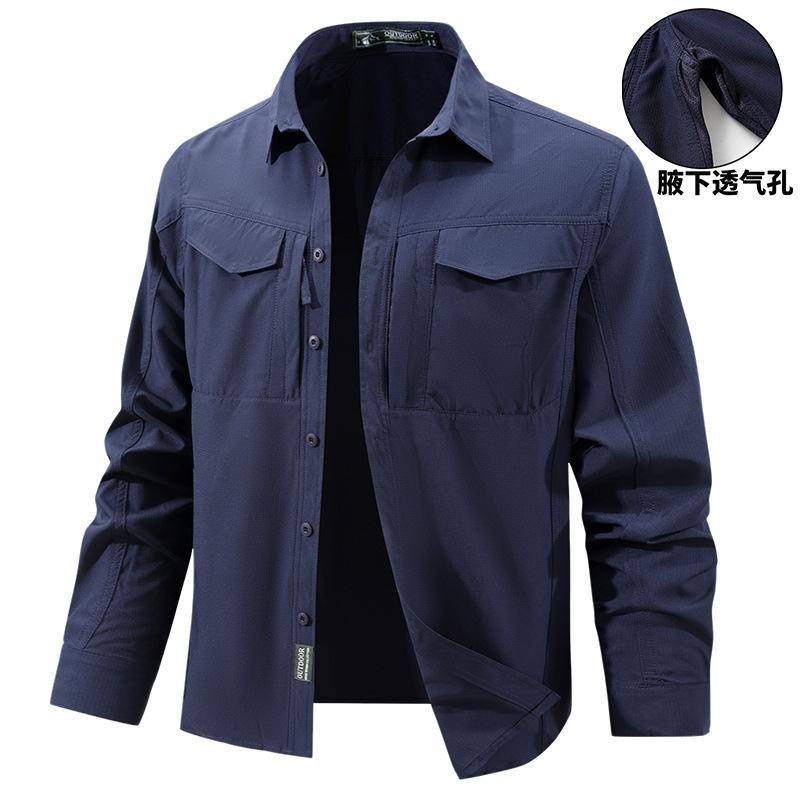 Four-Pocket Breathable Mesh Underarm Shirt for Men, Elastic Quick-Dry Long-Sleeve Shirt, Thin Functional Tactical Shirt