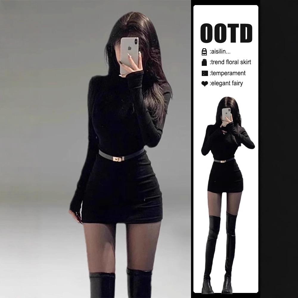 2025 Autumn/Winter New Slimming Inner Layer Bodycon Skirt Black Half-Turtleneck Knitted Dress Women's Long Sleeve