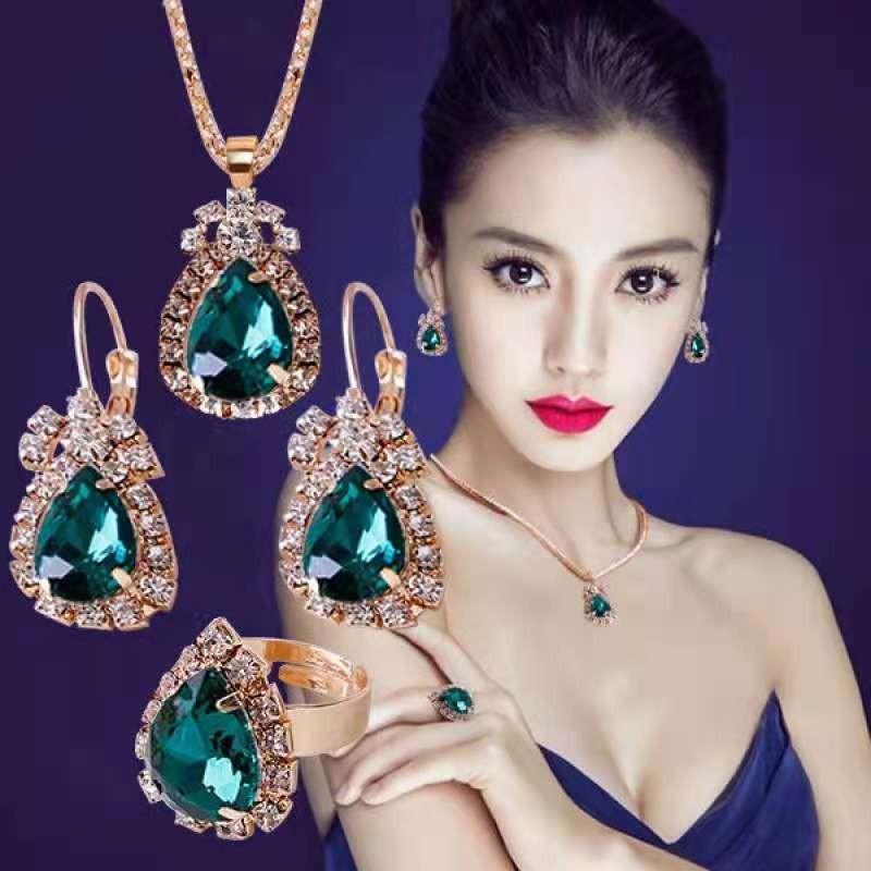 European and American Personalized Water Drop Rhinestone Necklace Earrings Ring Set Shiny Bride Foreign Trade Cross-Border Jewelry Factory Direct Sale