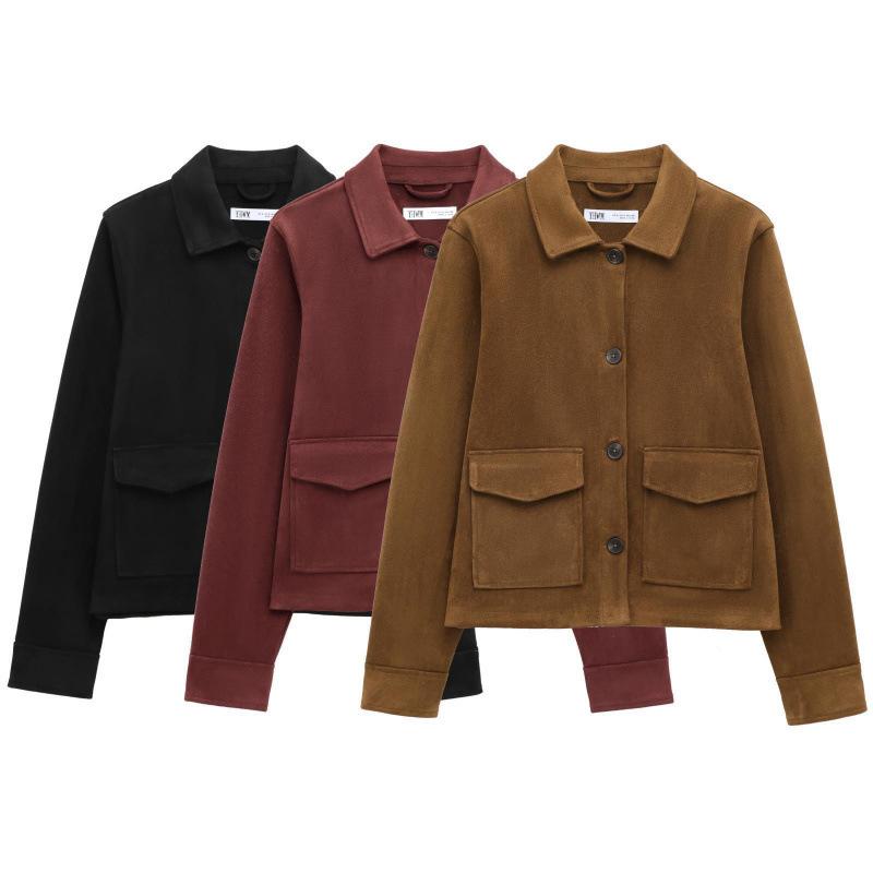 Manufacturer's in-stock foreign trade women's clothing wholesale 2025 new fashion suede texture pocket-decorated lapel jacket top