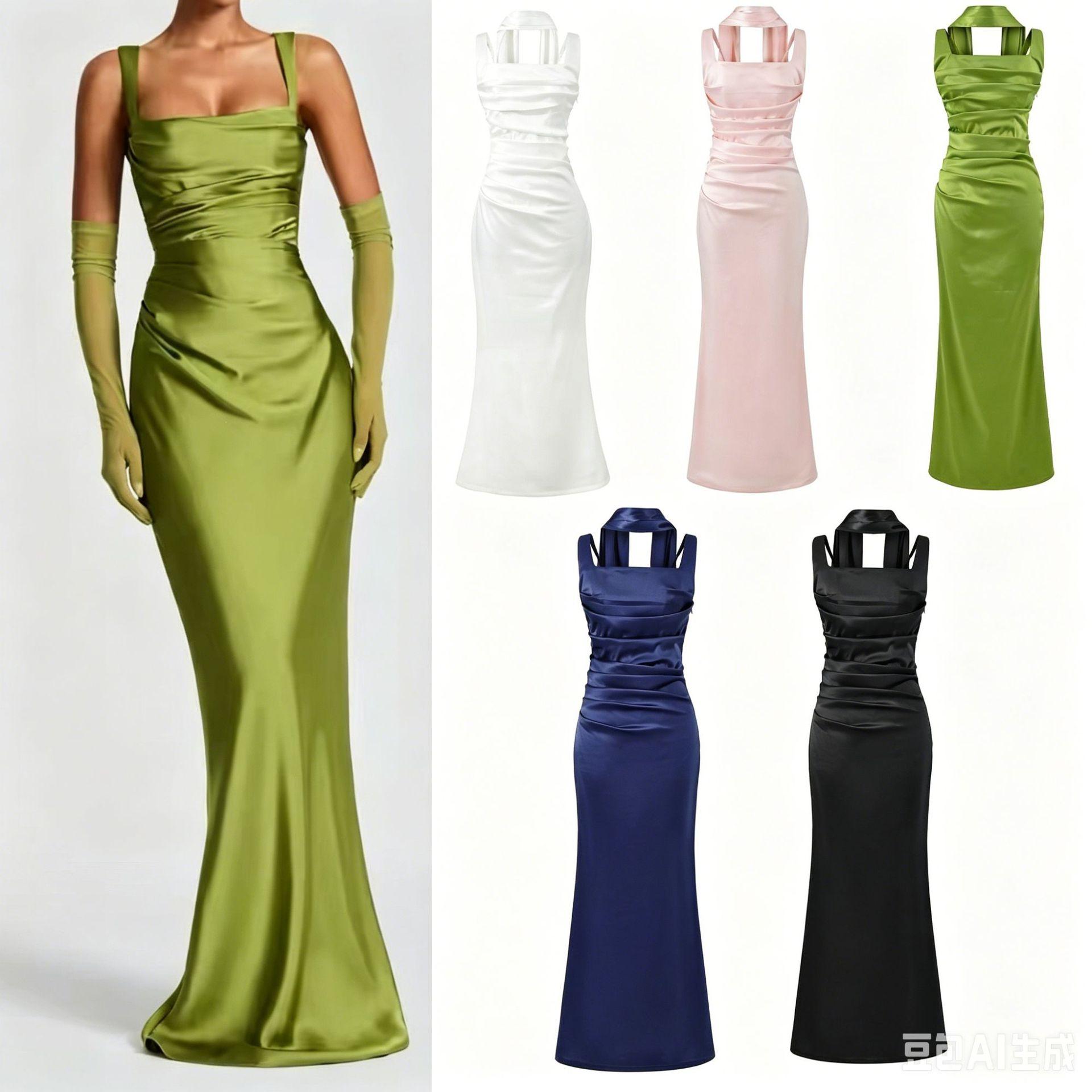 French-Style Satin Dress, Halter Neck, Square Collar, Ruched Waist, Slimming, Bodycon, Mermaid Dress, Available in Multiple Colors, Wholesale
