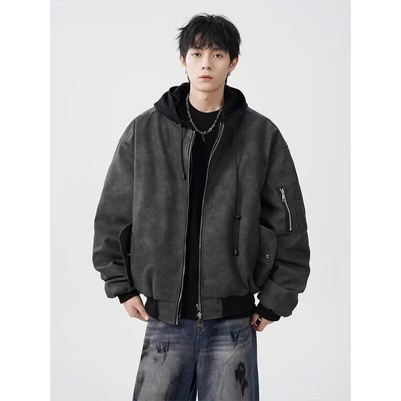 Autumn and winter faux two-piece leather jacket for men, cotton-padded aviator jacket, men's stylish cardigan with hood