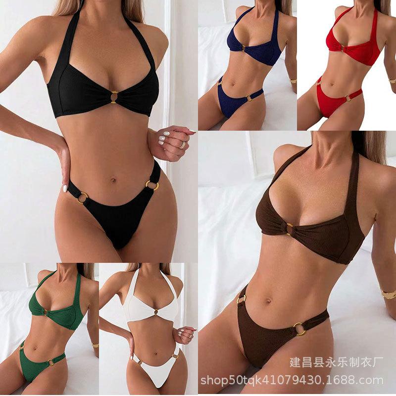 2025 New Solid Color Sexy Push-Up Two-Piece Bikini Set with Backless Design, Cross-Border