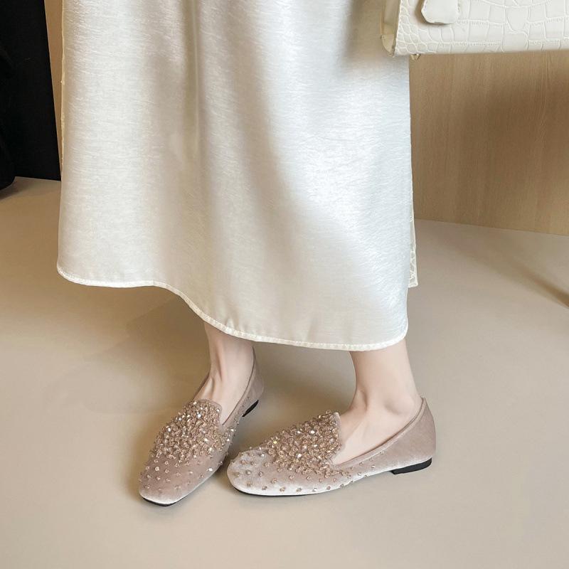 New Models in Stock! Rhinestone Suede Flats for Women, Beautiful Flats French Ballet Scoop Shoes, Shallow Mouth Slip-On Loafers