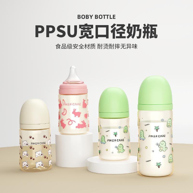 Wide-mouth PPSU baby bottle, designed to prevent falls and choking, suitable for feeding water and milk, with a cartoon design, and a large capacity, specifically for infants and young children