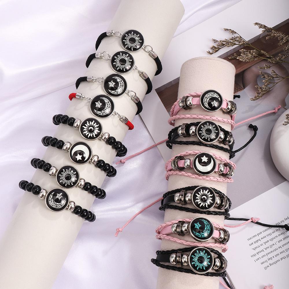Df Luminous Sun, Moon Lovers Time Gemstone Bracelet Unisex Retro Handmade Multi-Layered Beaded Braided Bracelet
