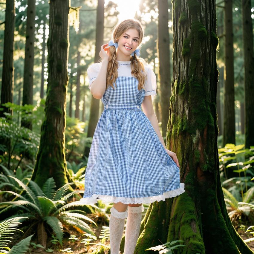 Blue and white plaid dress for women, fairy tale cosplay costume, vintage maid princess dress, Halloween performance outfit
