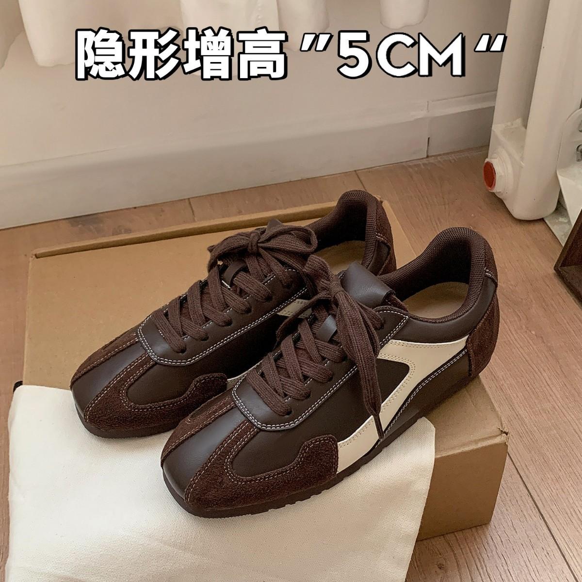 5cm Height Increase~Color-Blocked Hidden Heel Ballet Trainers for Women 2026 New Retro Brown Coffee Color Gump-Style Sneakers