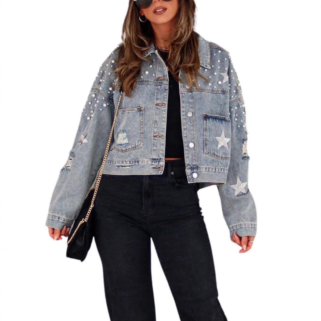 Amazon Aliexpress Denim Jacket Fashion European and American Women's Clothing New Style 2026 Heavy Beaded Jacket Loose Fit