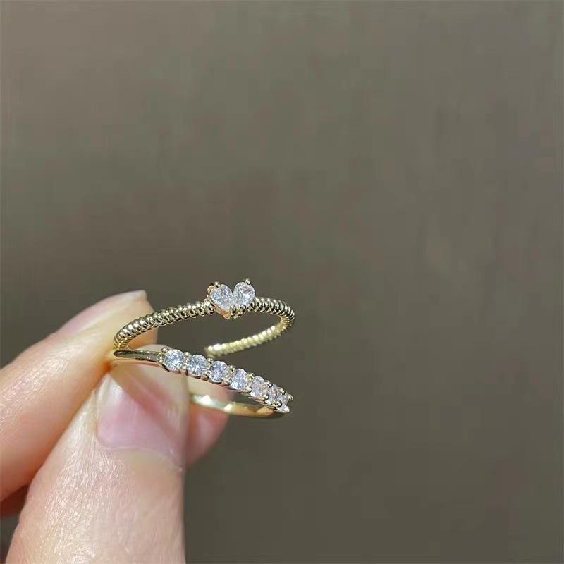 Korean ring, light luxury niche exquisite heart-shaped index finger ring, ins-style women's stackable open ring set, combination ring