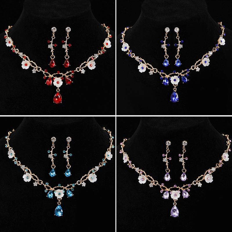Cross-Border Bridal Alloy Flower Necklace Earrings Jewelry Set Wedding Dress Crystal Rhinestone Accessories Jewelry Light Luxury