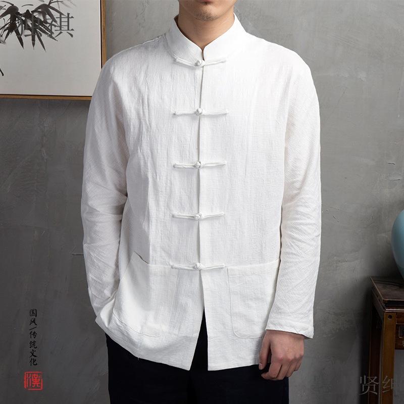 Autumn Chinese Style Button Linen Shirt Men's Loose Long Sleeve Cotton Linen Top Chinese Style Men's Retro Style Shirt