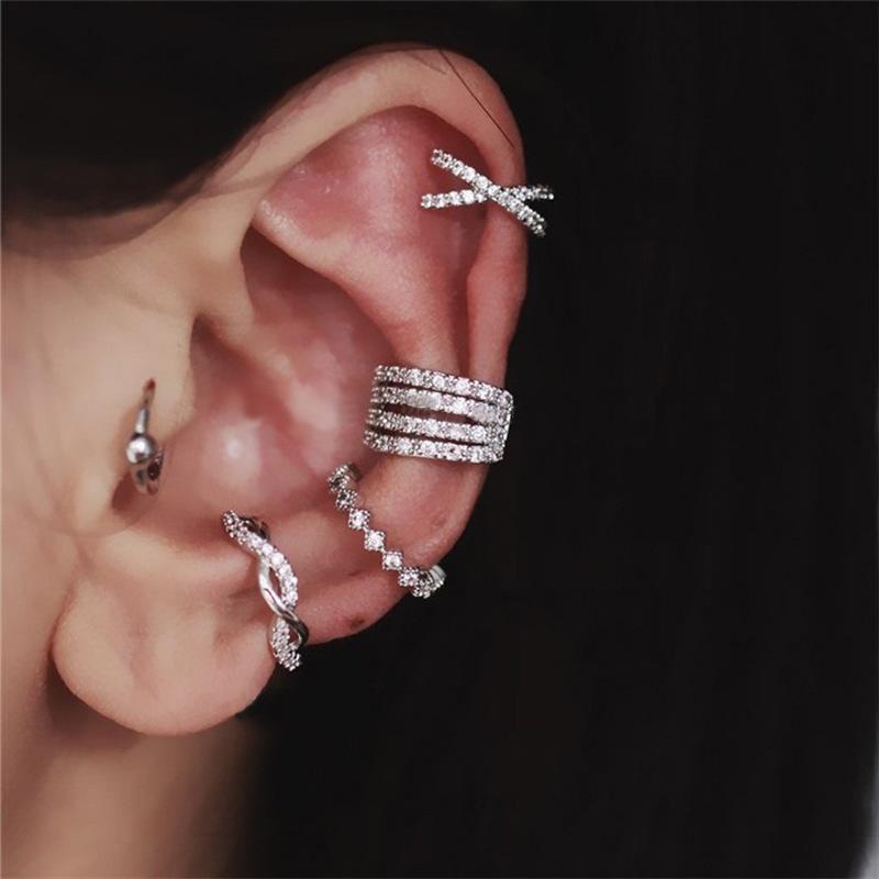 Full Diamond Super Flash Zircon Pierced Ear Clip Women's Welfare Model European and American Wave Cross Full Diamond Ear Bone Clip Earrings Ear Hooks