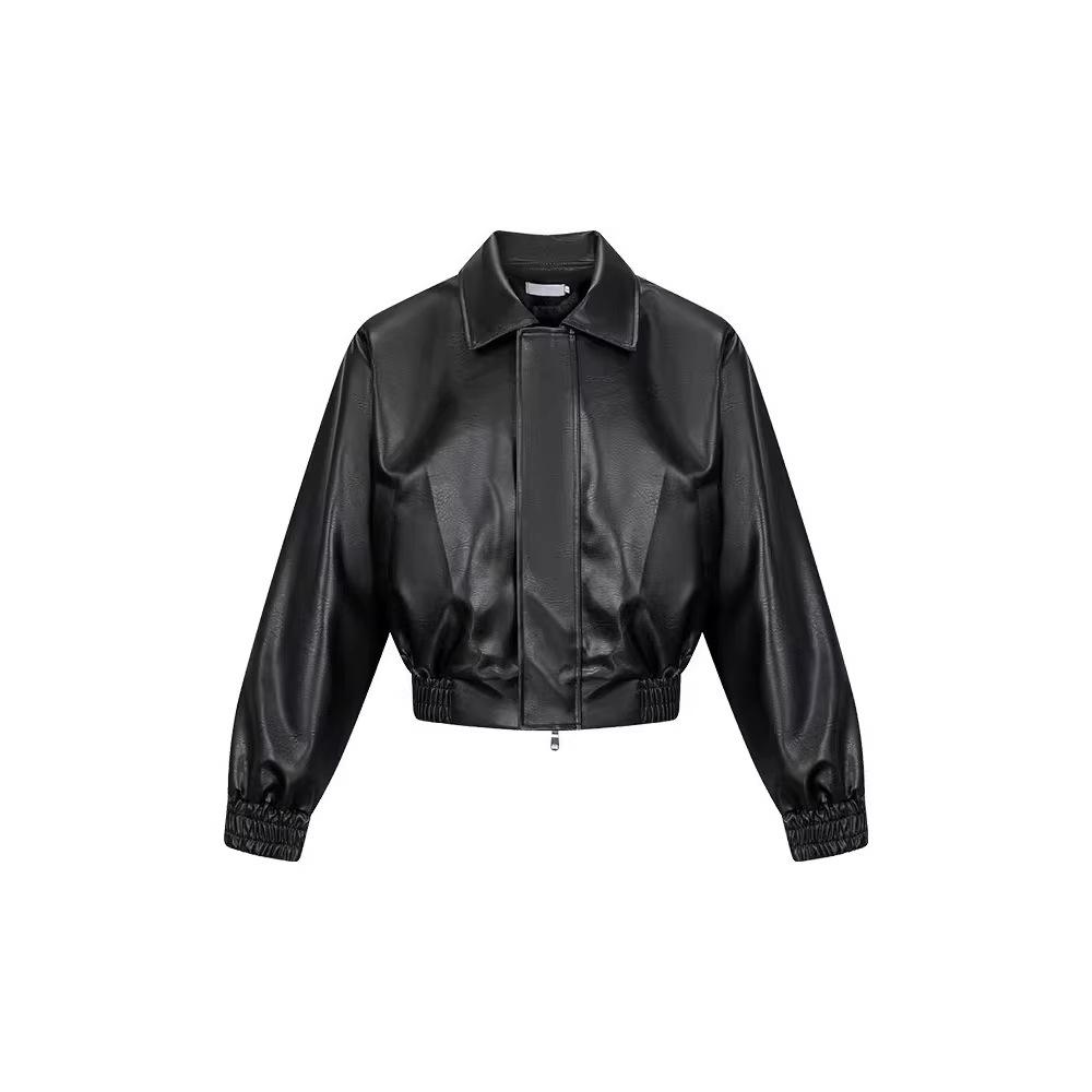 Black Versatile Leather Jacket for Men with High-End Turn-Down Collar, Unique Design, Stylish Elastic Waist, Leather Biker Jacket