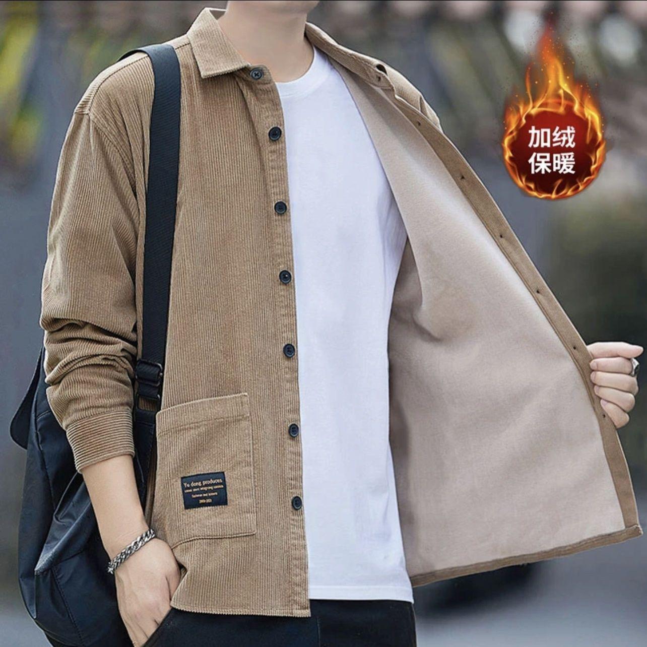 Men's Long-Sleeve Corduroy Shirt Jacket Spring and Autumn New Casual Pocket Loose Fleece Thickened Top