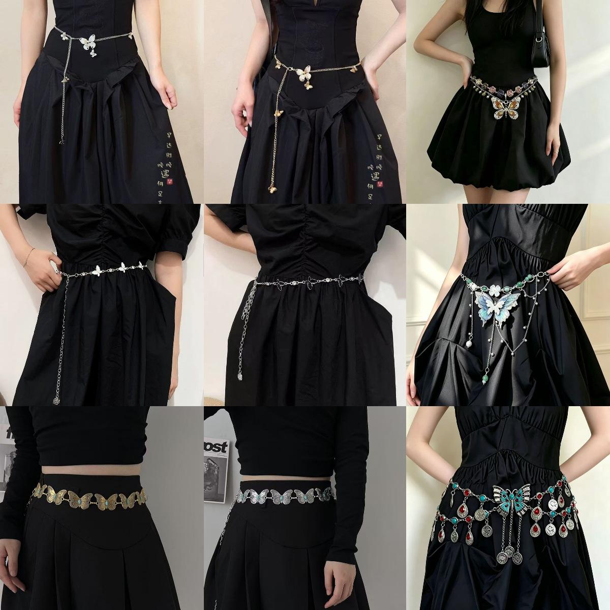 Sweet and cool style metal butterfly tassel waist chain for women, a luxurious and unique fashion accessory, wholesale from the source manufacturer