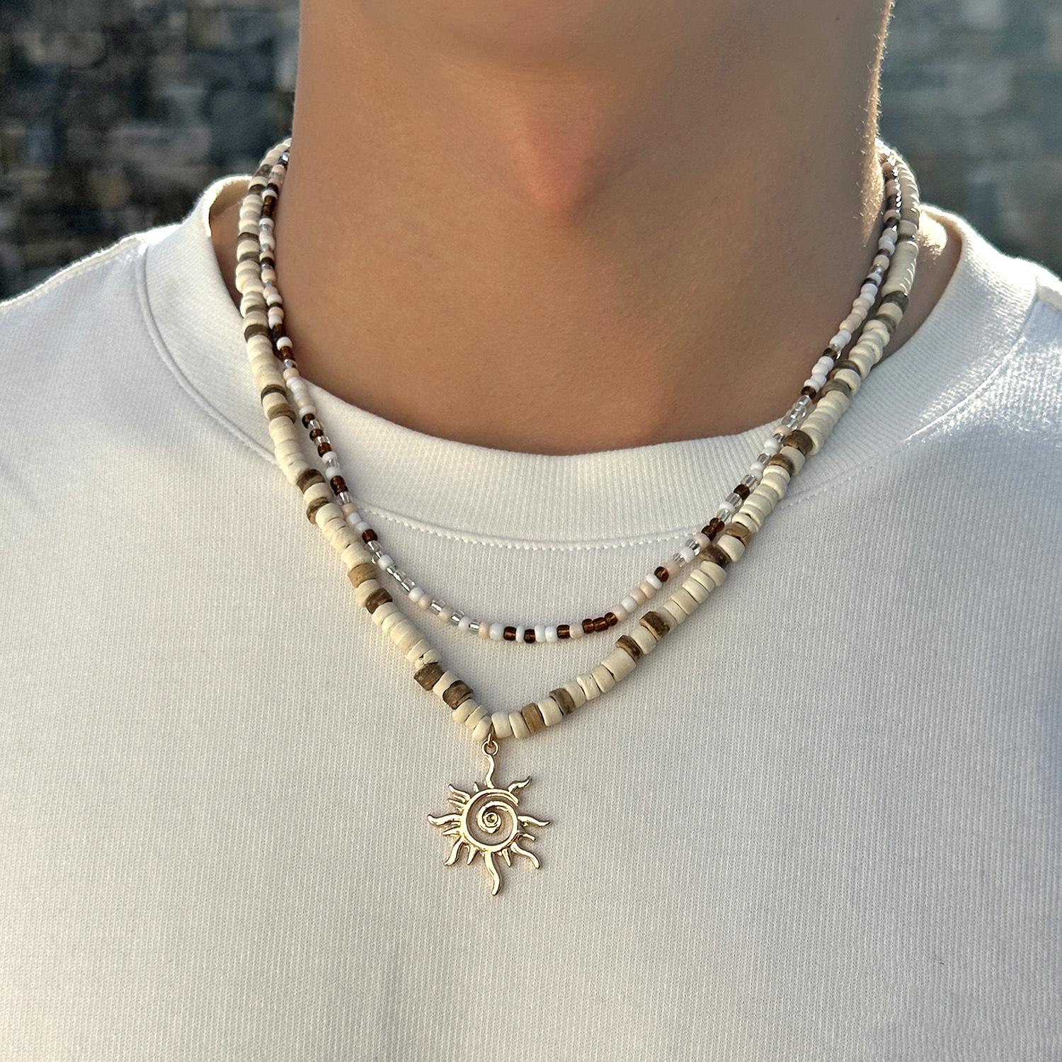 European and American Fashion Coconut Shell Rice Beads Necklace Hip Hop Niche High-class Sun Pendant Double Layer Overlapping Clavicle Chain